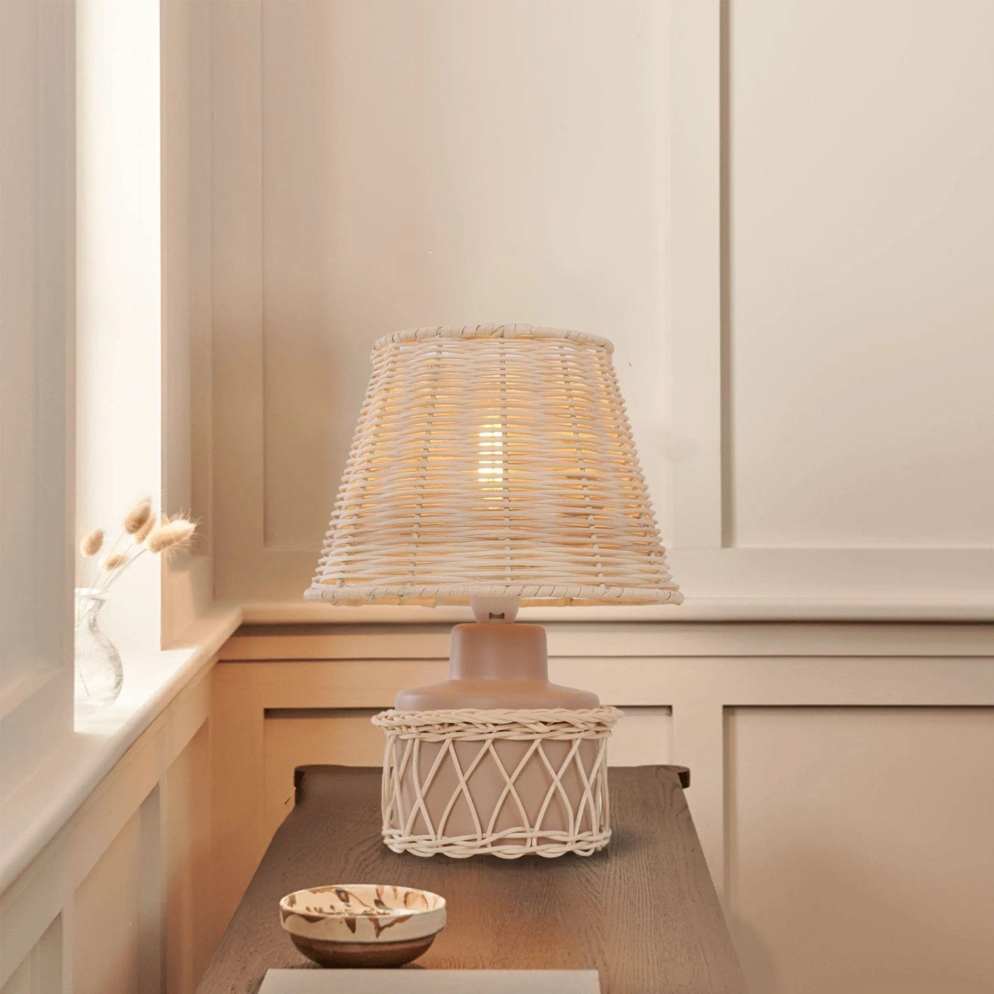 Lightsin Natural Rattan Table Lamp with Pink Wood Base for Bedroom and Living Room - House Comfort