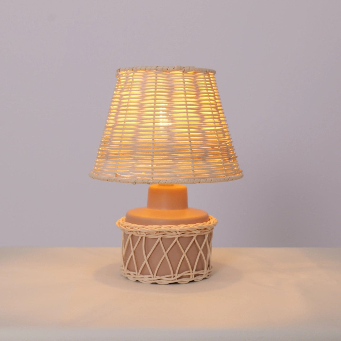 Lightsin Natural Rattan Table Lamp with Pink Wood Base for Bedroom and Living Room - House Comfort