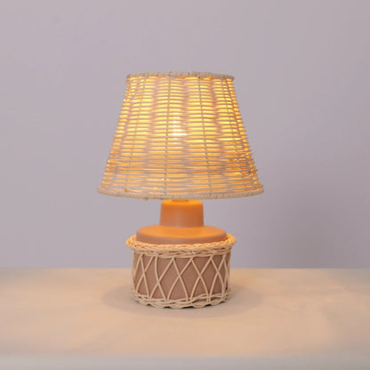 Lightsin Natural Rattan Table Lamp with Pink Wood Base for Bedroom and Living Room - House Comfort