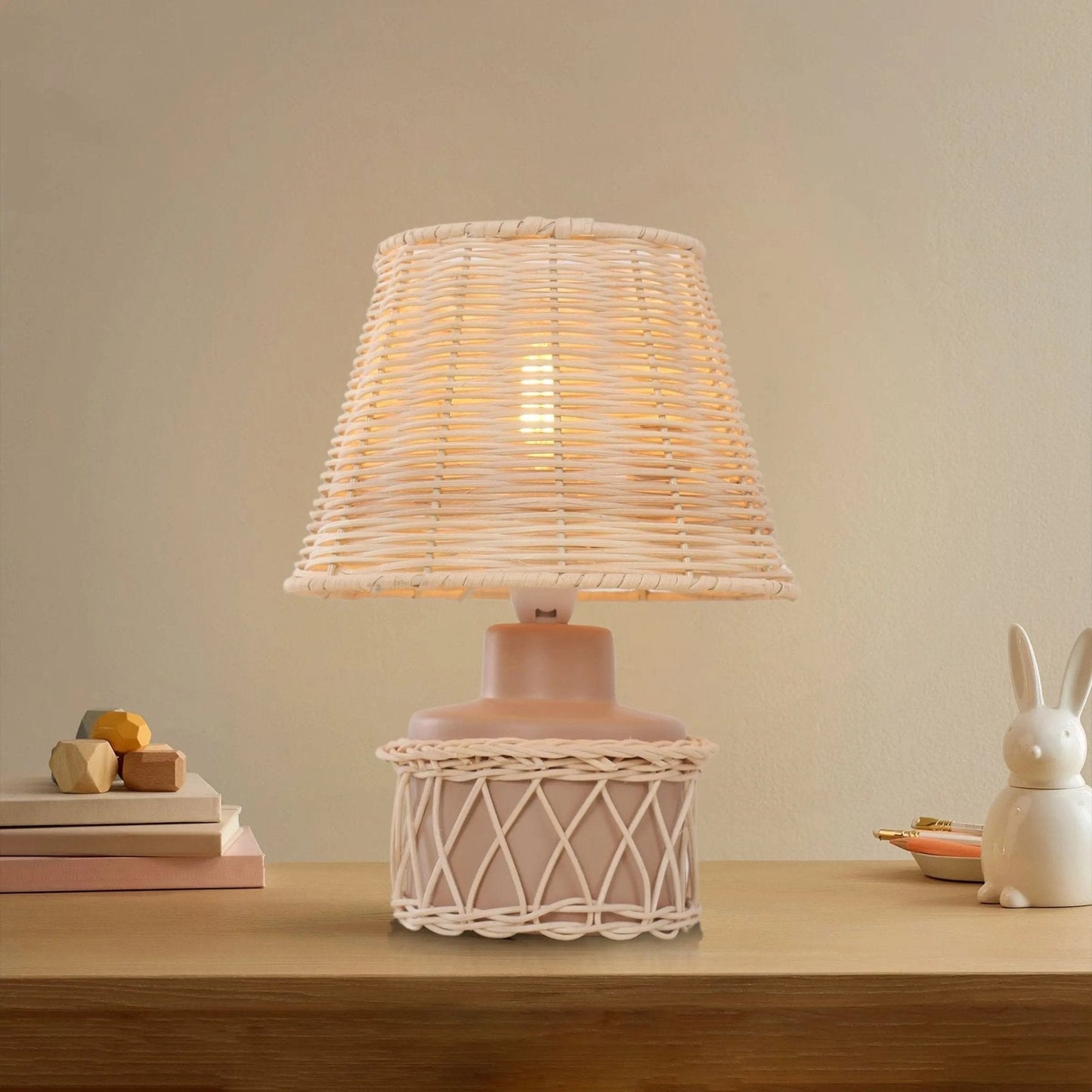 Lightsin Natural Rattan Table Lamp with Pink Wood Base for Bedroom and Living Room - House Comfort