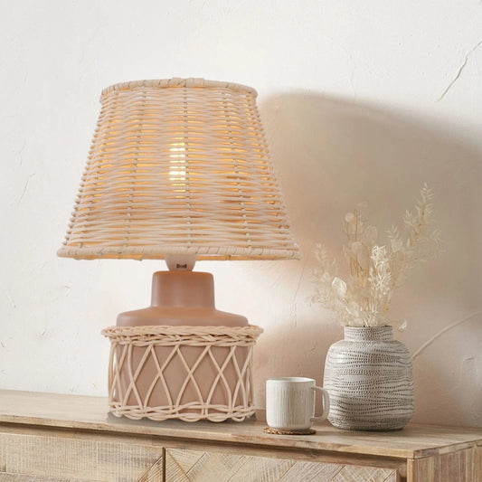 Lightsin Natural Rattan Table Lamp with Pink Wood Base for Bedroom and Living Room - House Comfort