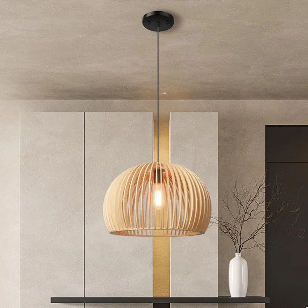 Lightsin Natural Wood Pumpkin Pendant Light Eco Friendly Rustic Hanging Lamp for Home Decor - House Comfort