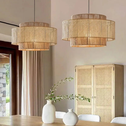 Lightsin Natural Woven Rattan and Hemp Rope Rustic Pendant Light Fixture - House Comfort