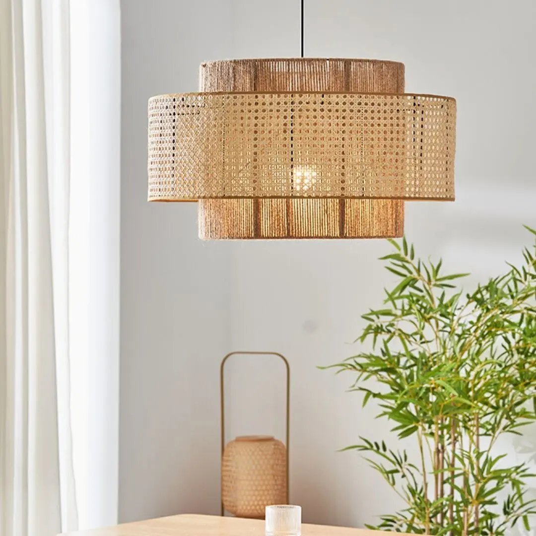 Lightsin Natural Woven Rattan and Hemp Rope Rustic Pendant Light Fixture - House Comfort