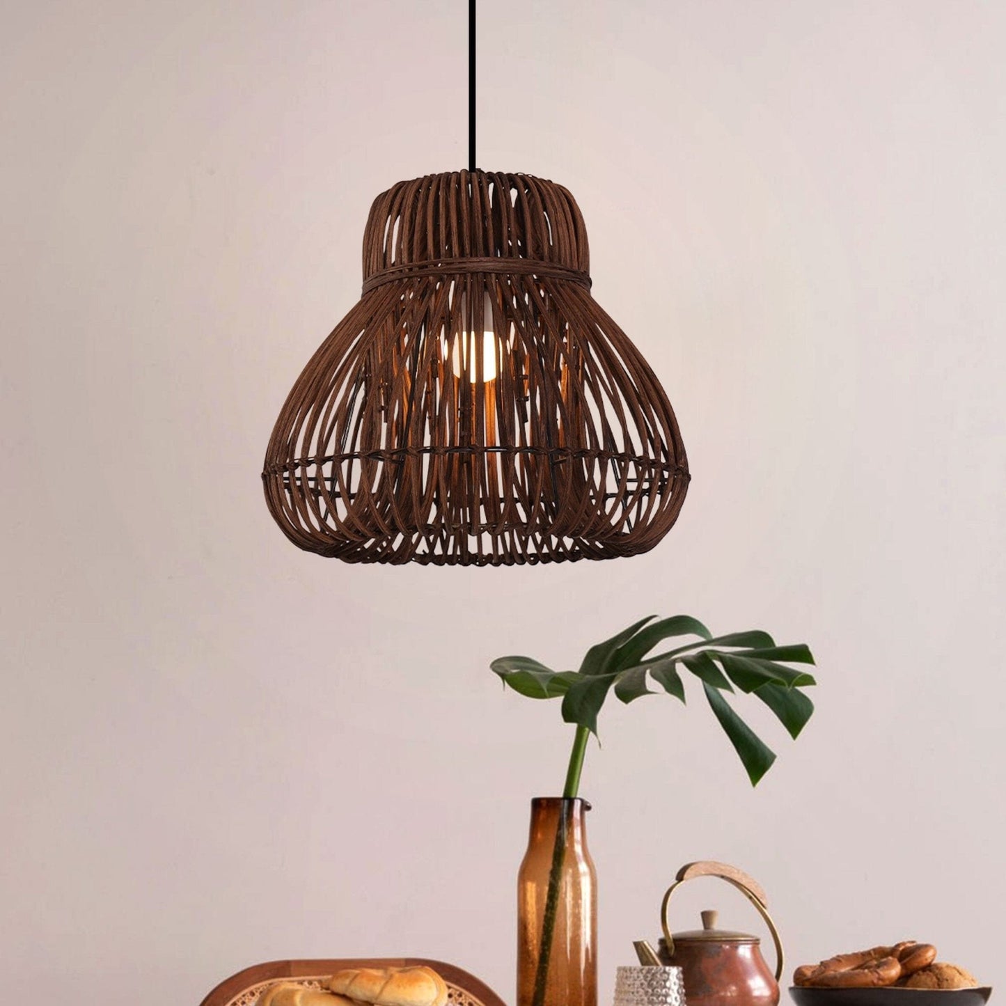 Lightsin Natural Woven Rattan Pendant Light – Handcrafted Rustic Ceiling Light for Dining Rooms, Living Spaces, and Cafés - House Comfort
