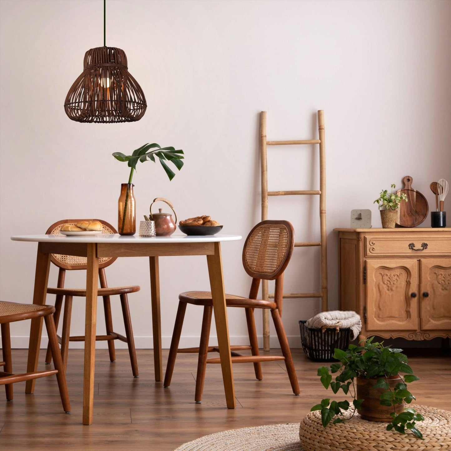 Lightsin Natural Woven Rattan Pendant Light – Handcrafted Rustic Ceiling Light for Dining Rooms, Living Spaces, and Cafés - House Comfort