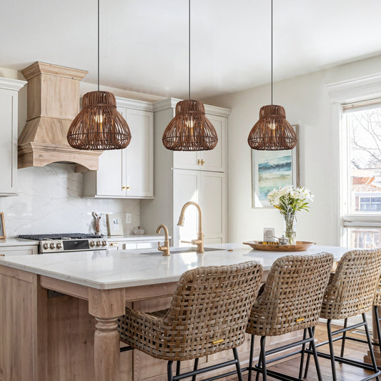 Lightsin Natural Woven Rattan Pendant Light – Handcrafted Rustic Ceiling Light for Dining Rooms, Living Spaces, and Cafés - House Comfort