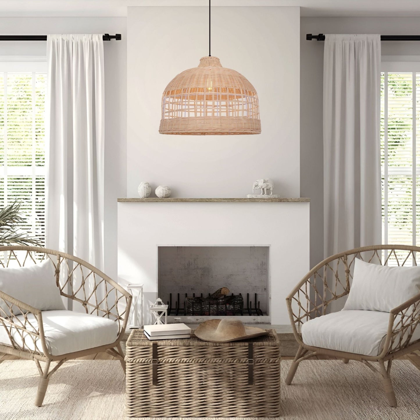 Lightsin Rattan Pendant Light – Handwoven Dome Ceiling Light with Lattice Design for Living Room, Bedroom & Kitchen - House Comfort