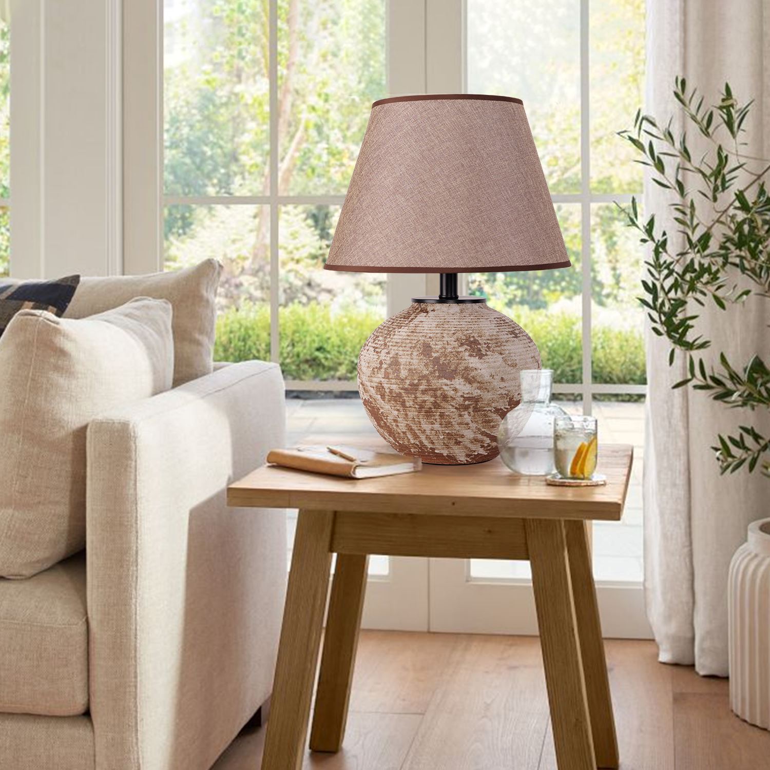 Lightsin Rustic Ceramic Table Lamp with Textured Base and Linen Shade - House Comfort