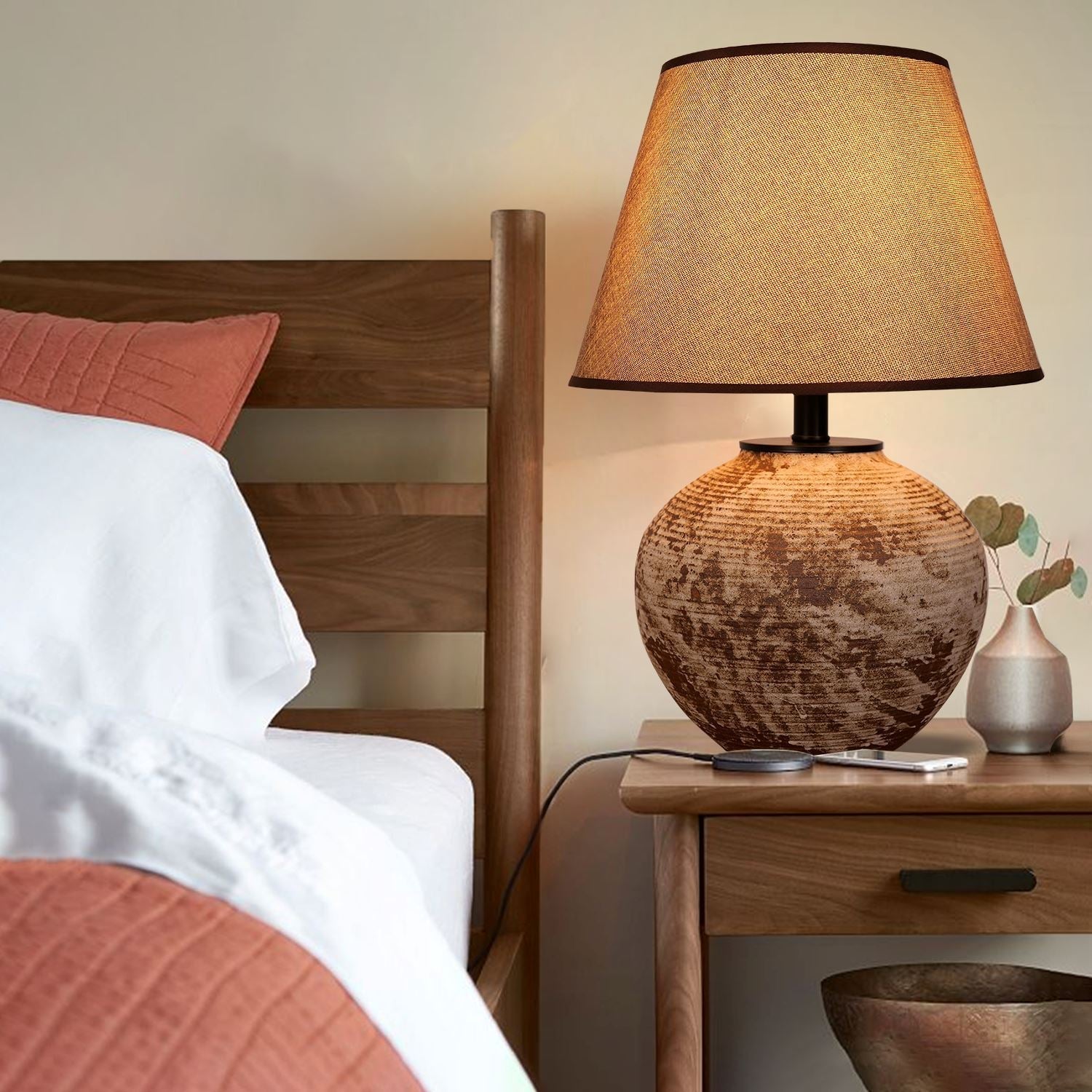 Lightsin Rustic Ceramic Table Lamp with Textured Base and Linen Shade - House Comfort