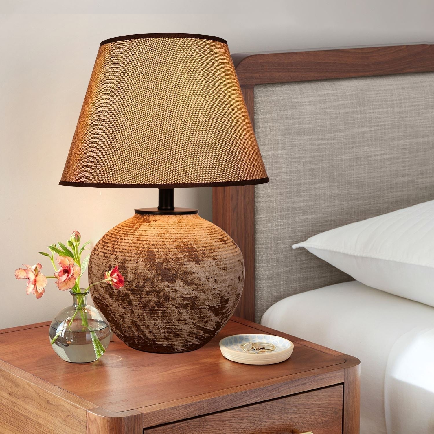 Lightsin Rustic Ceramic Table Lamp with Textured Base and Linen Shade - House Comfort