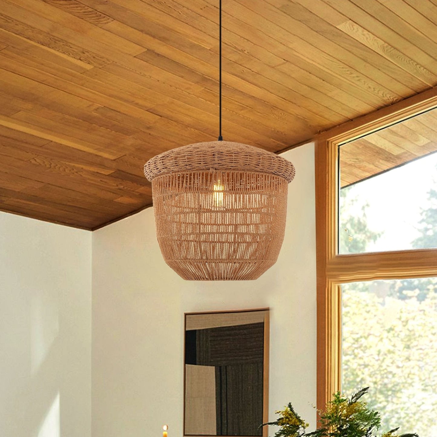 Lightsin Rustic Paper Rope Pendant Ceiling Light – Handwoven Eco - Friendly Light Fixture for Living Room, Dining, and Bedroom Ambiance - House Comfort