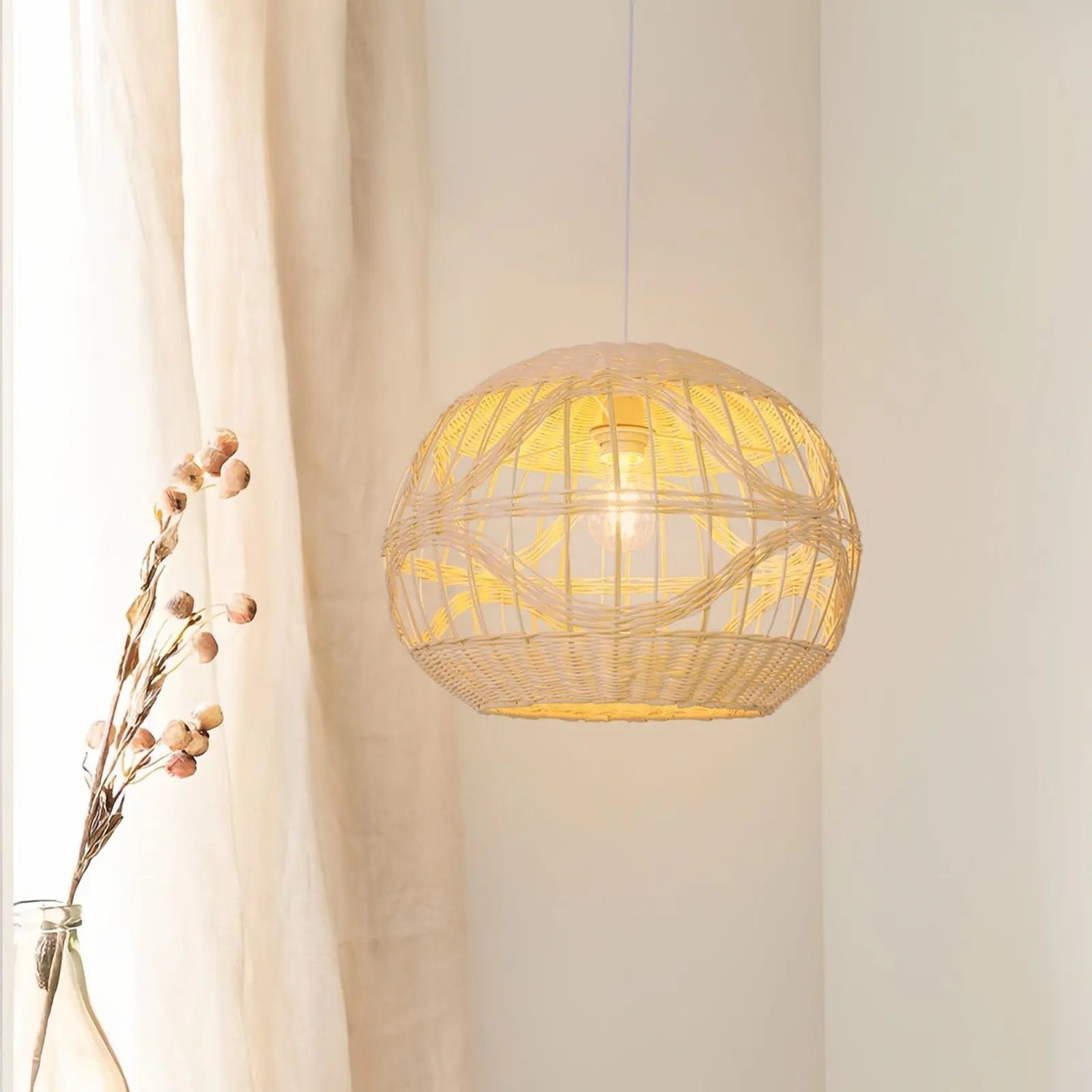 Lightsin Sustainable Handwoven Spherical Rattan Pendant Light with Wave Details - House Comfort