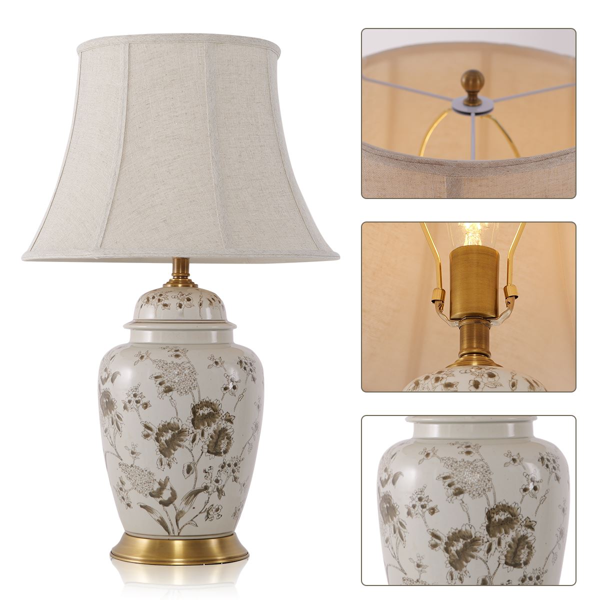 Lightsin Table Lamp Ceramic and Copper Chrysanthemum Design with Fabric Shade - House Comfort
