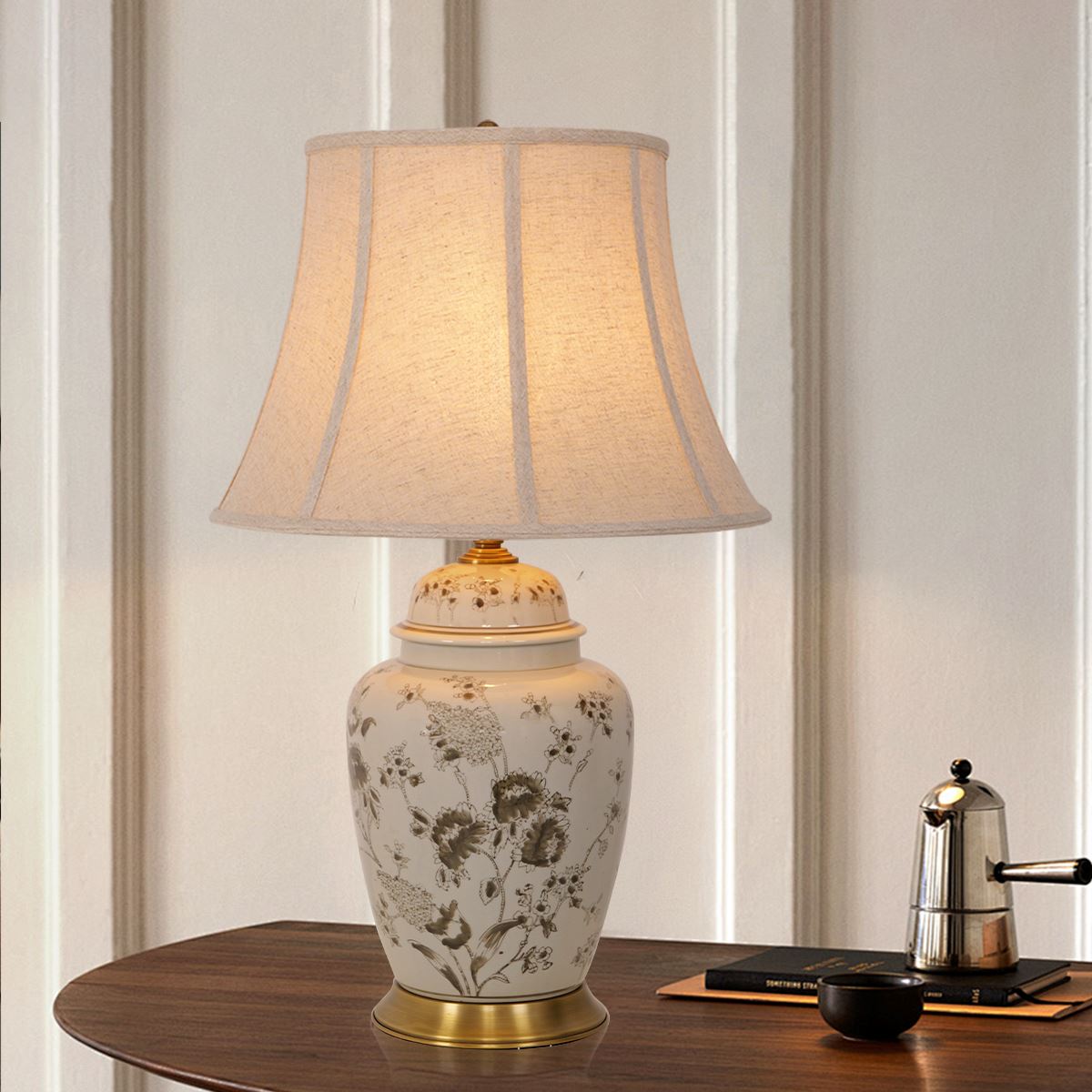 Lightsin Table Lamp Ceramic and Copper Chrysanthemum Design with Fabric Shade - House Comfort