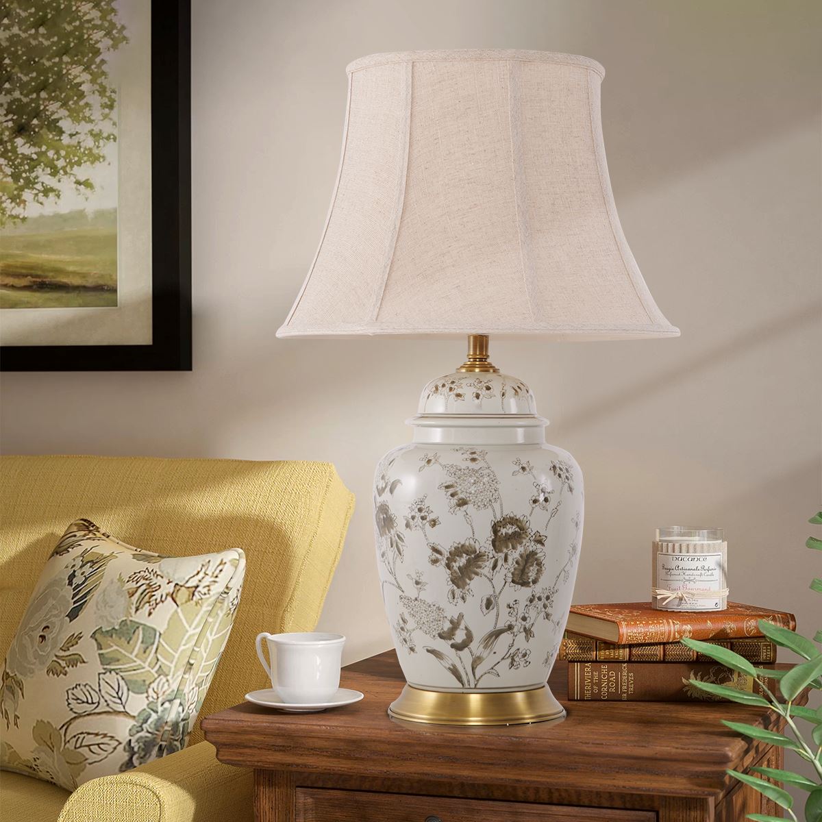 Lightsin Table Lamp Ceramic and Copper Chrysanthemum Design with Fabric Shade - House Comfort