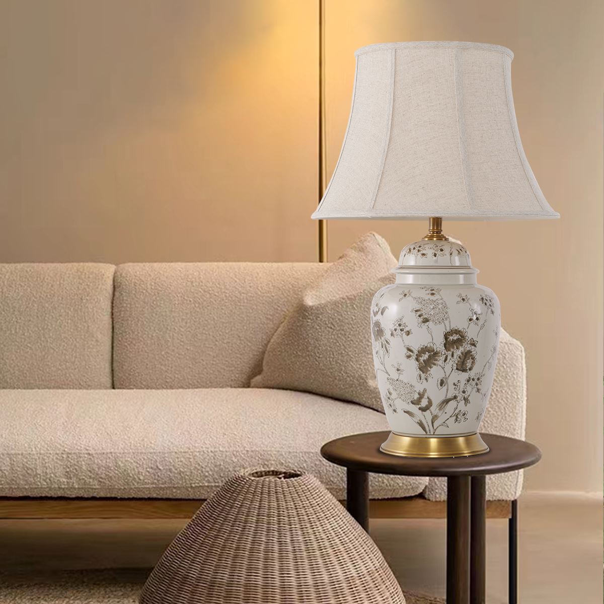 Lightsin Table Lamp Ceramic and Copper Chrysanthemum Design with Fabric Shade - House Comfort