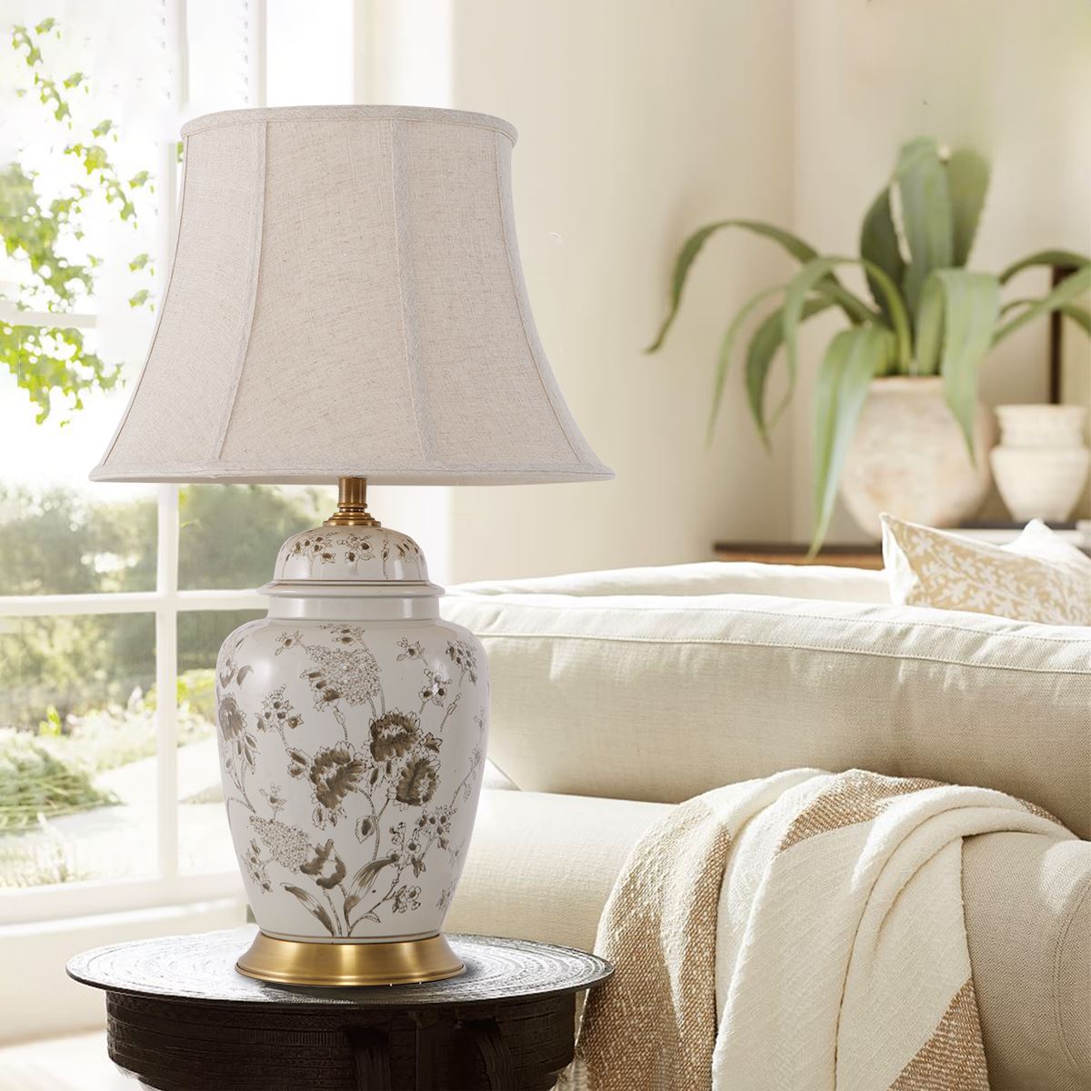 Lightsin Table Lamp Ceramic and Copper Chrysanthemum Design with Fabric Shade - House Comfort