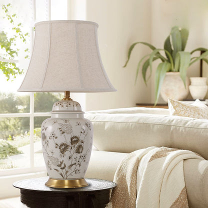 Lightsin Table Lamp Ceramic and Copper Chrysanthemum Design with Fabric Shade - House Comfort