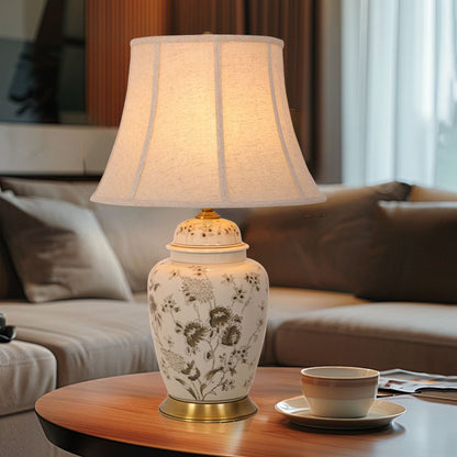 Lightsin Table Lamp Ceramic and Copper Chrysanthemum Design with Fabric Shade - House Comfort