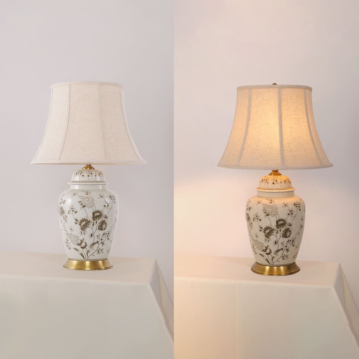 Lightsin Table Lamp Ceramic and Copper Chrysanthemum Design with Fabric Shade - House Comfort