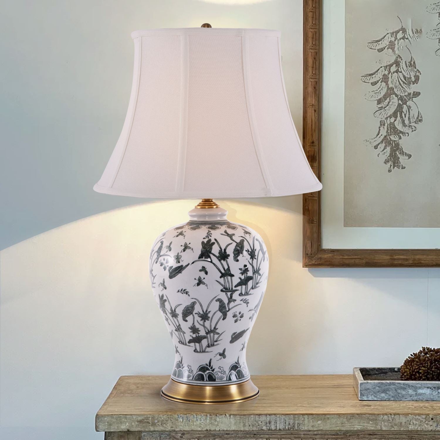 Lightsin Table Lamp Ceramic with Hand - Painted Lotus Pond Design - House Comfort