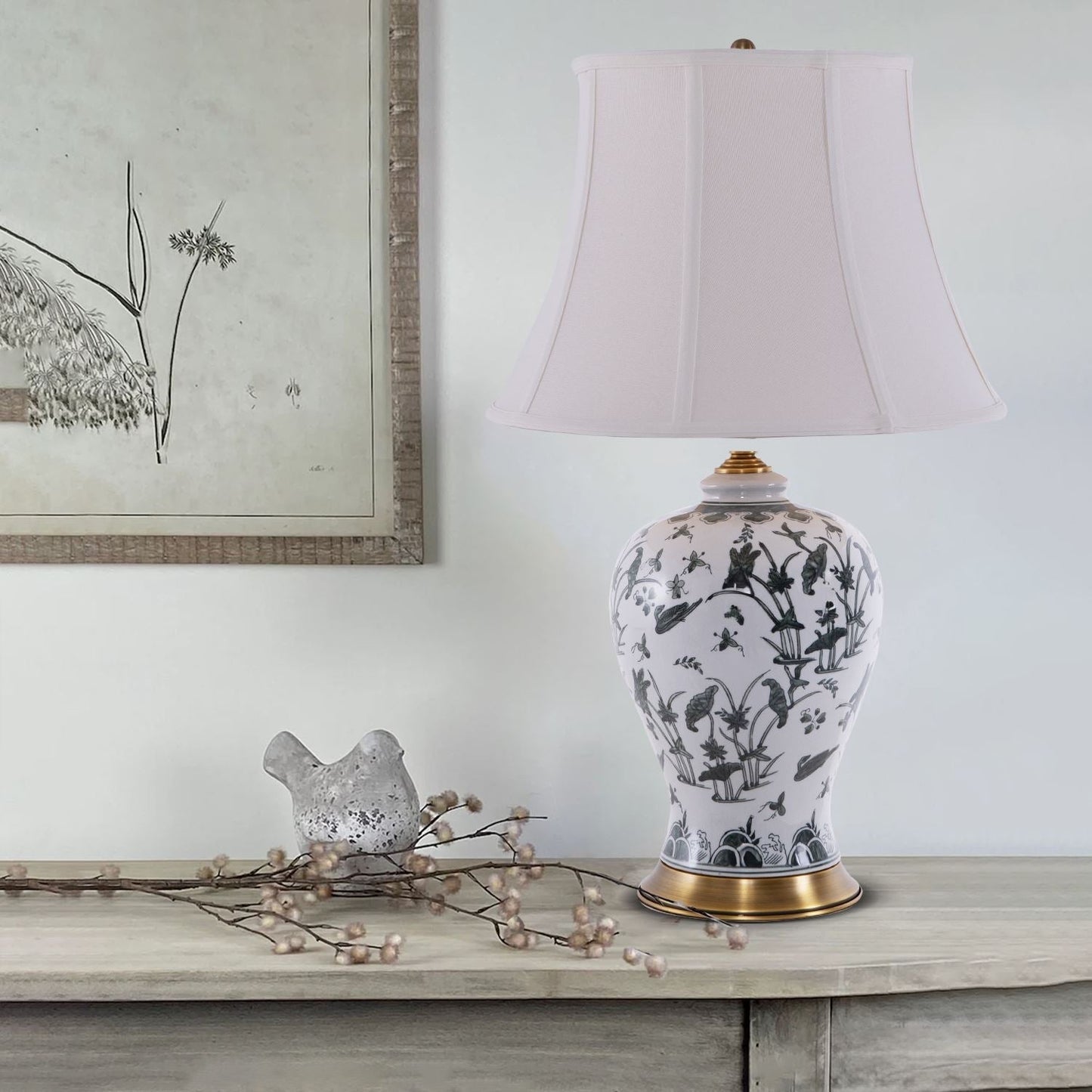 Lightsin Table Lamp Ceramic with Hand - Painted Lotus Pond Design - House Comfort
