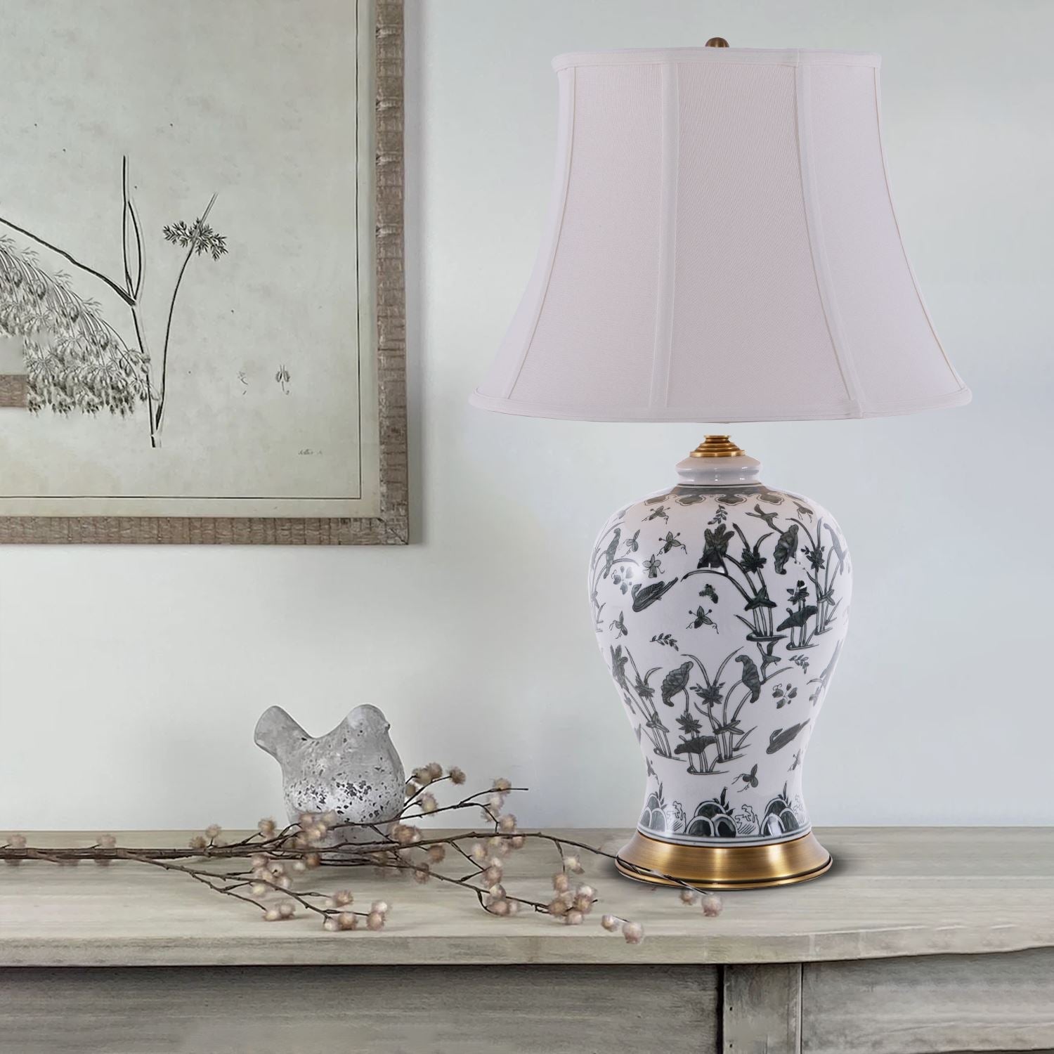 Lightsin Table Lamp Ceramic with Hand - Painted Lotus Pond Design - House Comfort