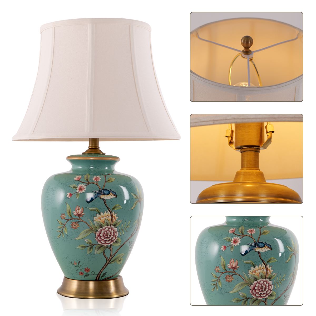 Lightsin Table Lamp with Vintage Green Floral Ceramic Base and Fabric Shade - House Comfort