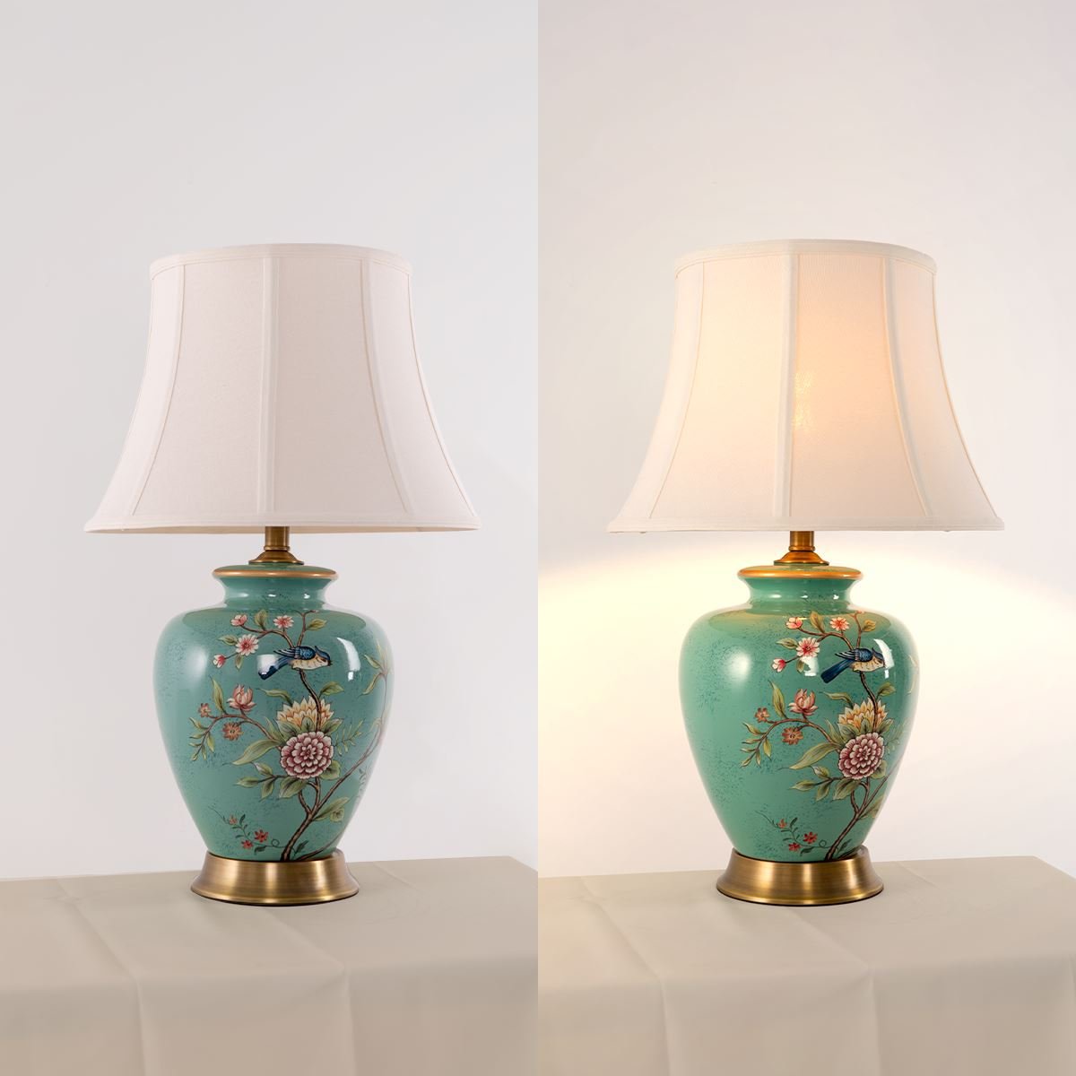 Lightsin Table Lamp with Vintage Green Floral Ceramic Base and Fabric Shade - House Comfort