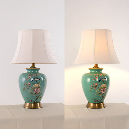Lightsin Table Lamp with Vintage Green Floral Ceramic Base and Fabric Shade - House Comfort