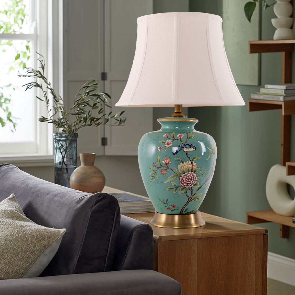 Lightsin Table Lamp with Vintage Green Floral Ceramic Base and Fabric Shade - House Comfort