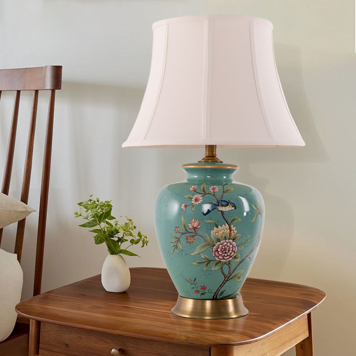 Lightsin Table Lamp with Vintage Green Floral Ceramic Base and Fabric Shade - House Comfort