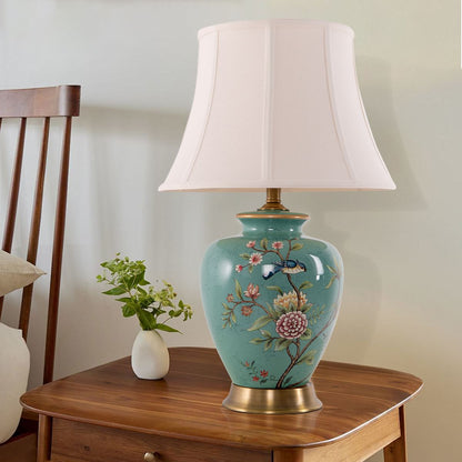 Lightsin Table Lamp with Vintage Green Floral Ceramic Base and Fabric Shade - House Comfort