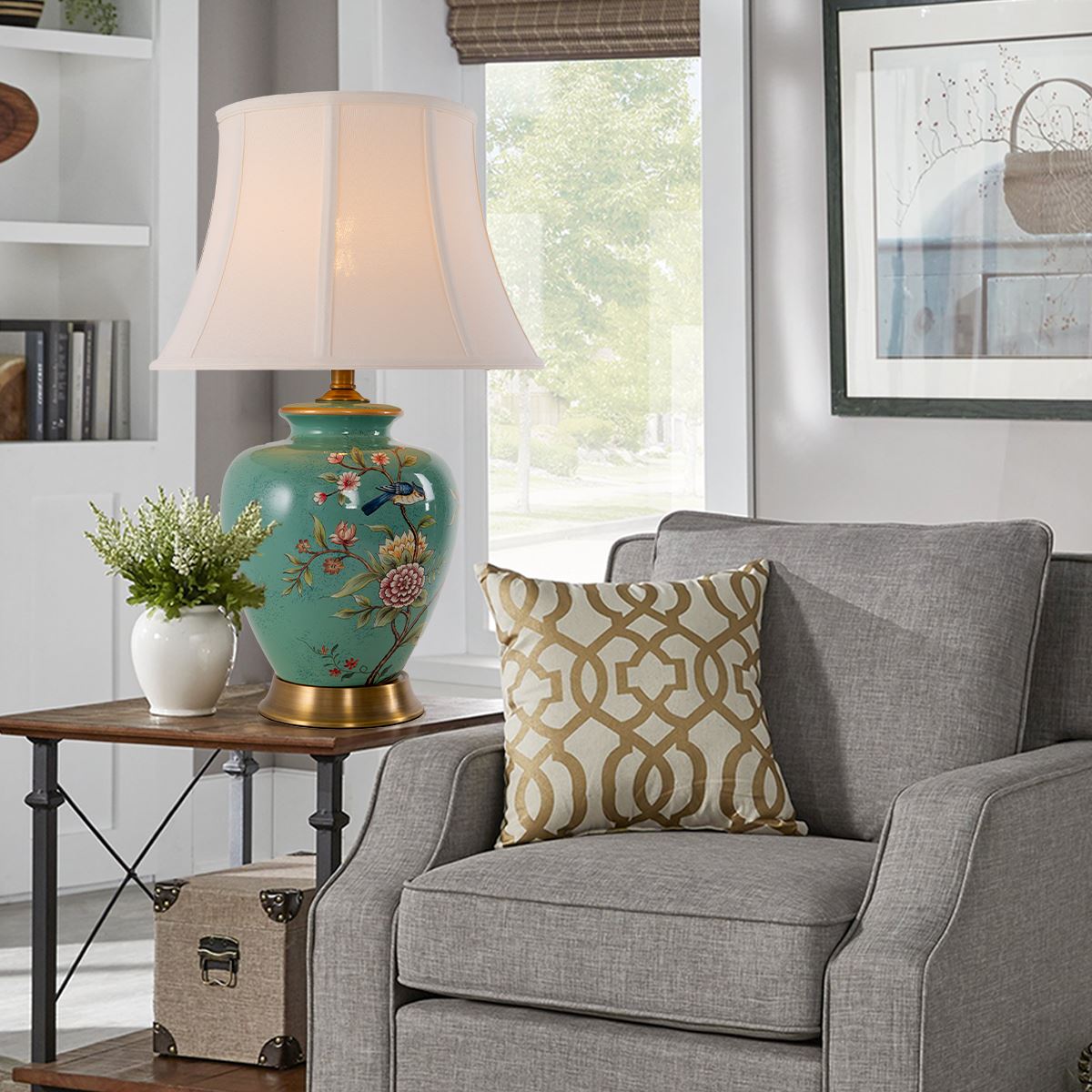 Lightsin Table Lamp with Vintage Green Floral Ceramic Base and Fabric Shade - House Comfort