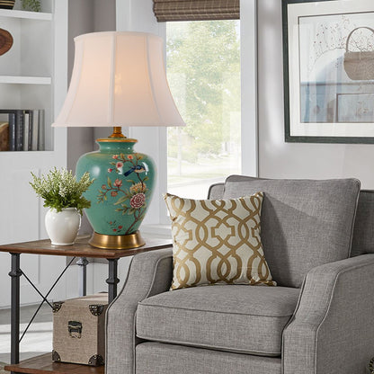 Lightsin Table Lamp with Vintage Green Floral Ceramic Base and Fabric Shade - House Comfort