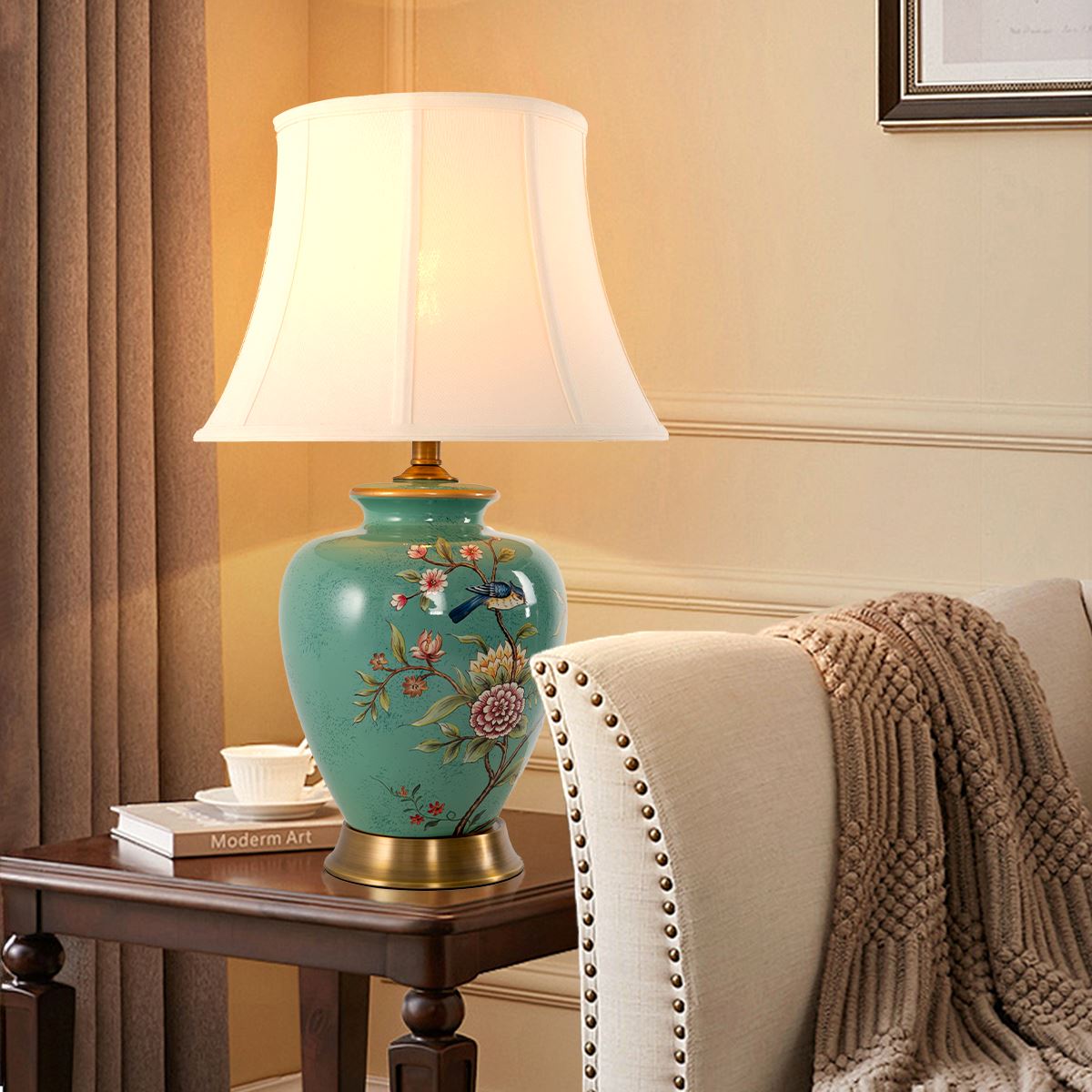 Lightsin Table Lamp with Vintage Green Floral Ceramic Base and Fabric Shade - House Comfort