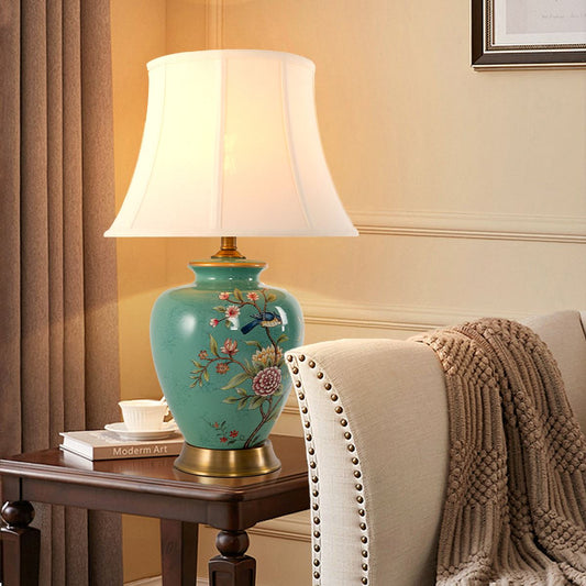 Lightsin Table Lamp with Vintage Green Floral Ceramic Base and Fabric Shade - House Comfort