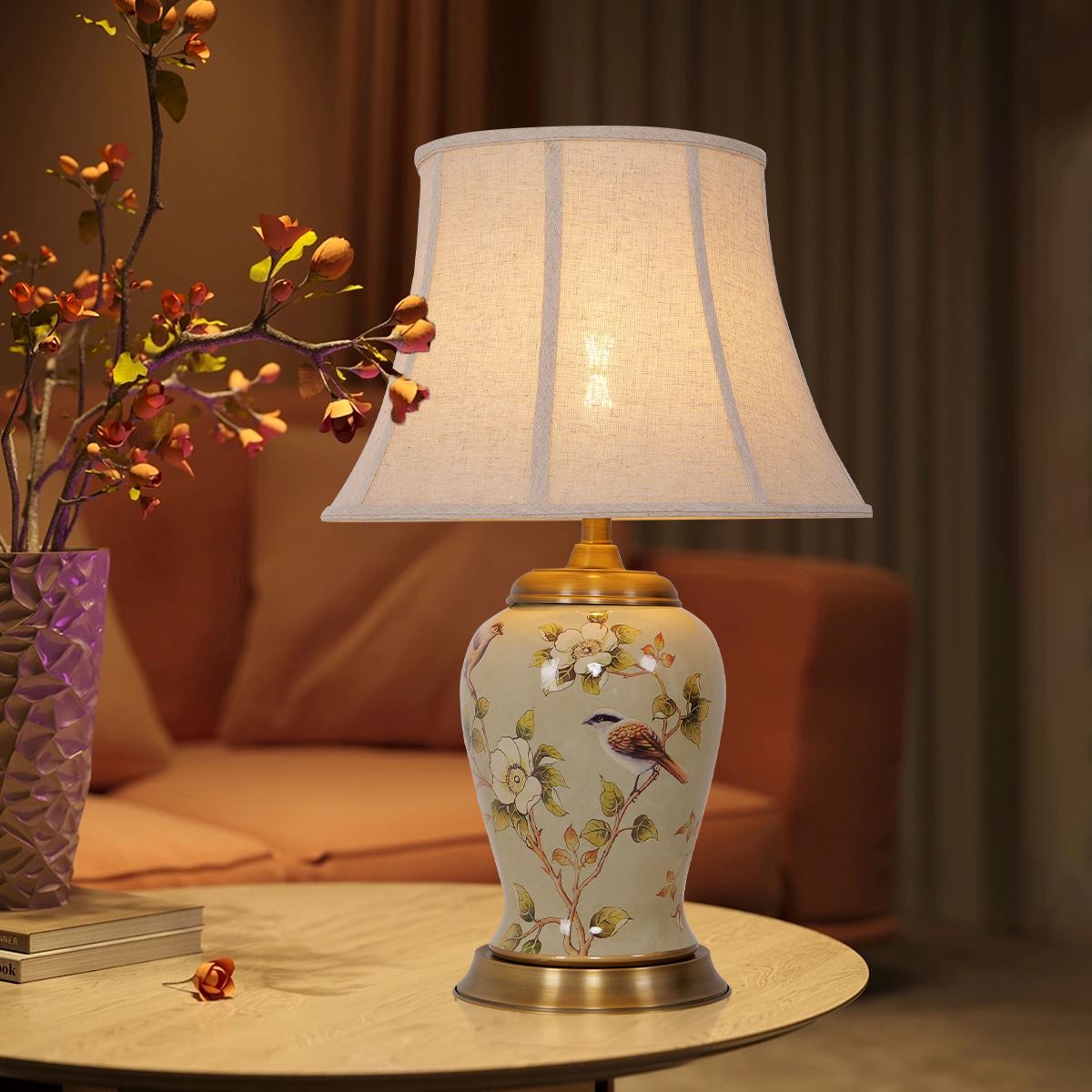 Lightsin Vintage Camellia Ceramic Table Lamp with Copper Base and Fabric Shade - House Comfort