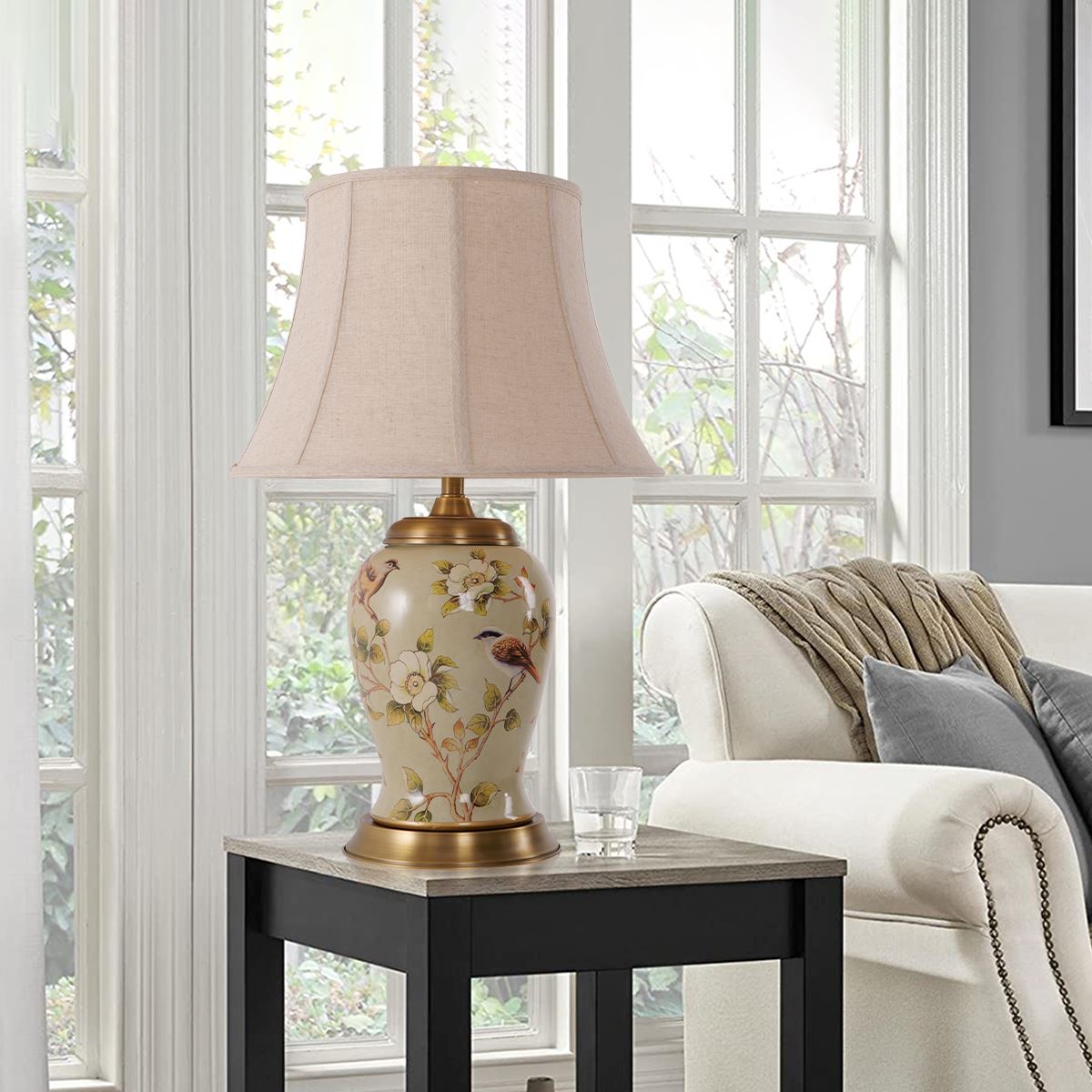 Lightsin Vintage Camellia Ceramic Table Lamp with Copper Base and Fabric Shade - House Comfort