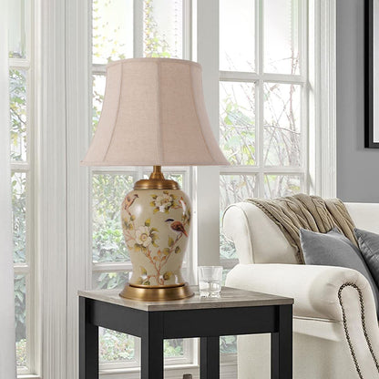 Lightsin Vintage Camellia Ceramic Table Lamp with Copper Base and Fabric Shade - House Comfort