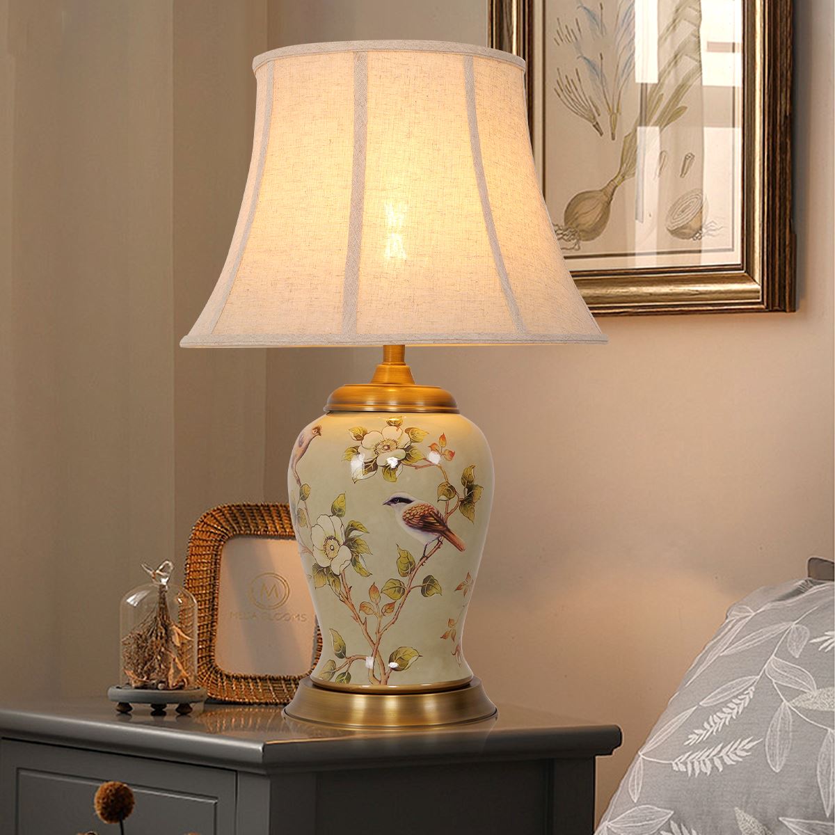Lightsin Vintage Camellia Ceramic Table Lamp with Copper Base and Fabric Shade - House Comfort