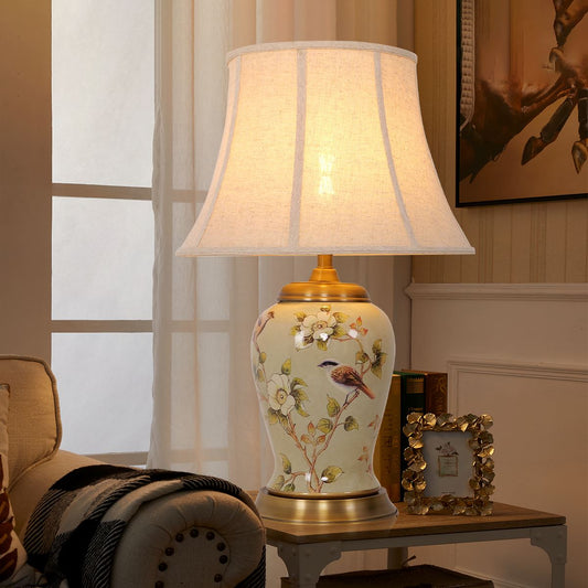 Lightsin Vintage Camellia Ceramic Table Lamp with Copper Base and Fabric Shade - House Comfort