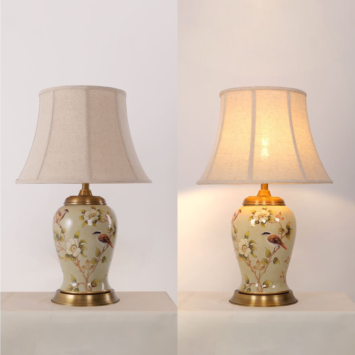 Lightsin Vintage Camellia Ceramic Table Lamp with Copper Base and Fabric Shade - House Comfort