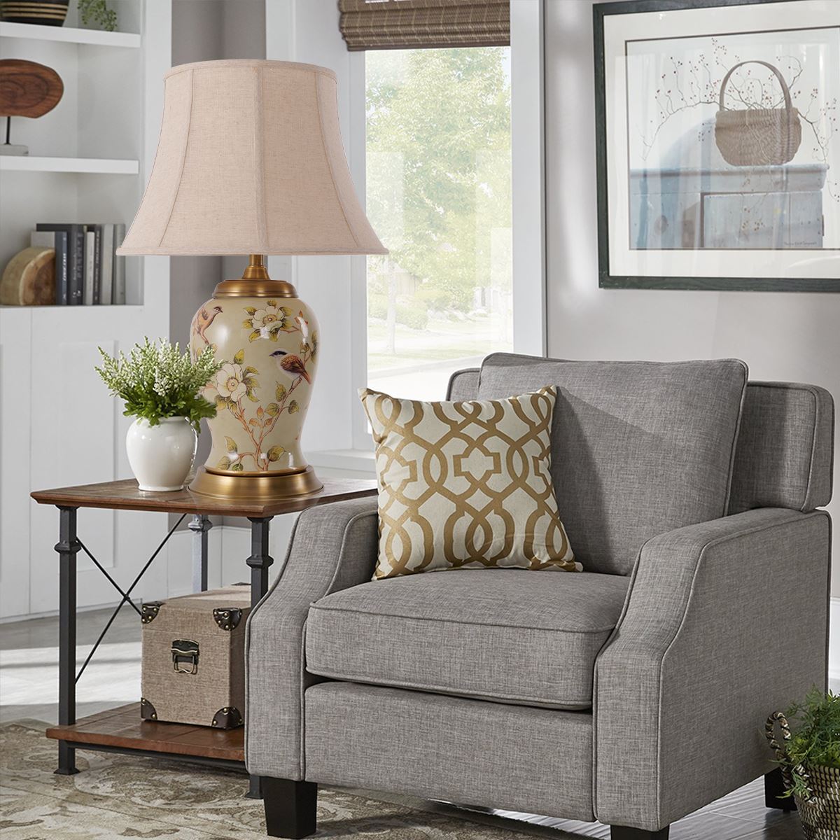 Lightsin Vintage Camellia Ceramic Table Lamp with Copper Base and Fabric Shade - House Comfort