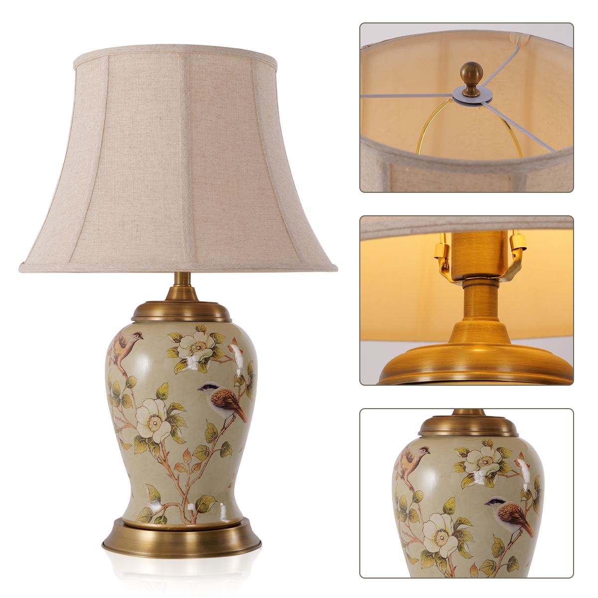 Lightsin Vintage Camellia Ceramic Table Lamp with Copper Base and Fabric Shade - House Comfort