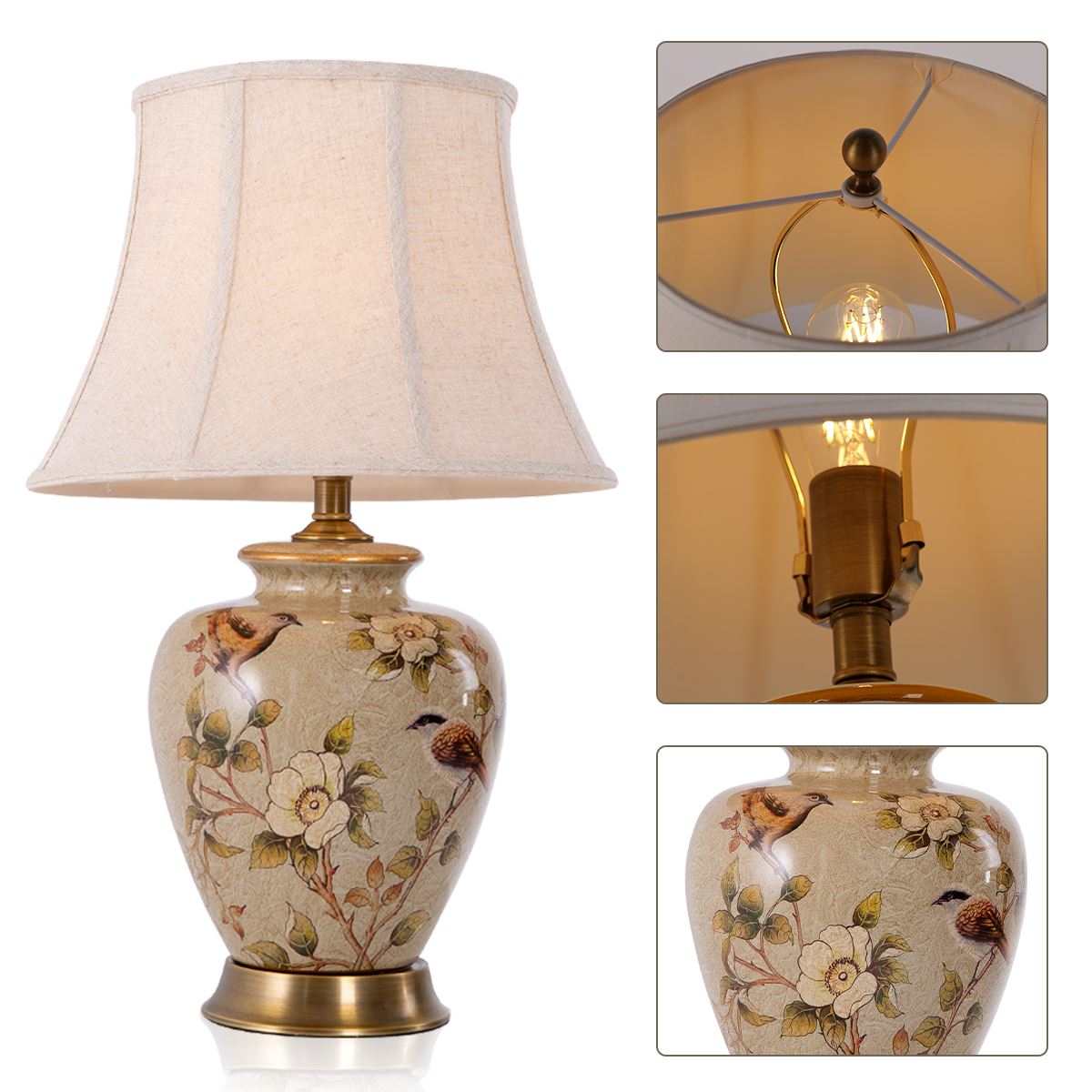 Lightsin Vintage Ceramic Bird - Pattern Table Lamp with Fabric Shade - House Comfort