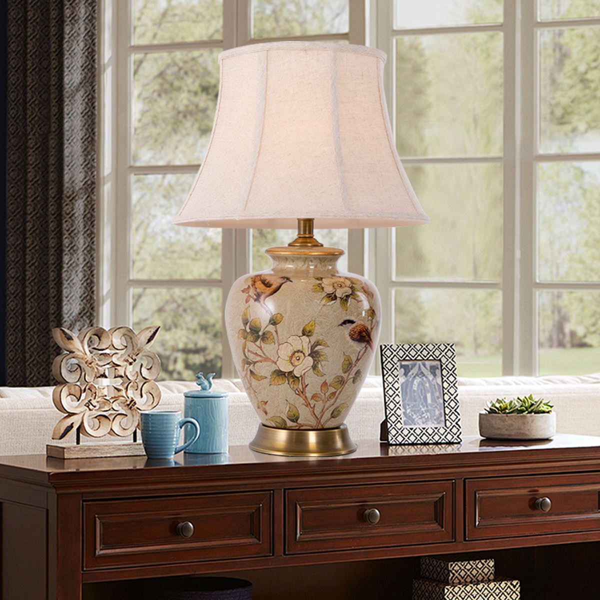 Lightsin Vintage Ceramic Bird - Pattern Table Lamp with Fabric Shade - House Comfort