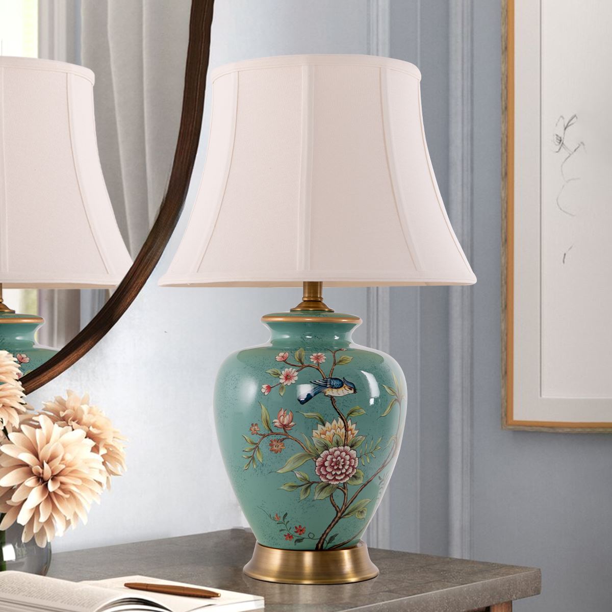 Lightsin Vintage Ceramic Bird - Pattern Table Lamp with Fabric Shade - House Comfort