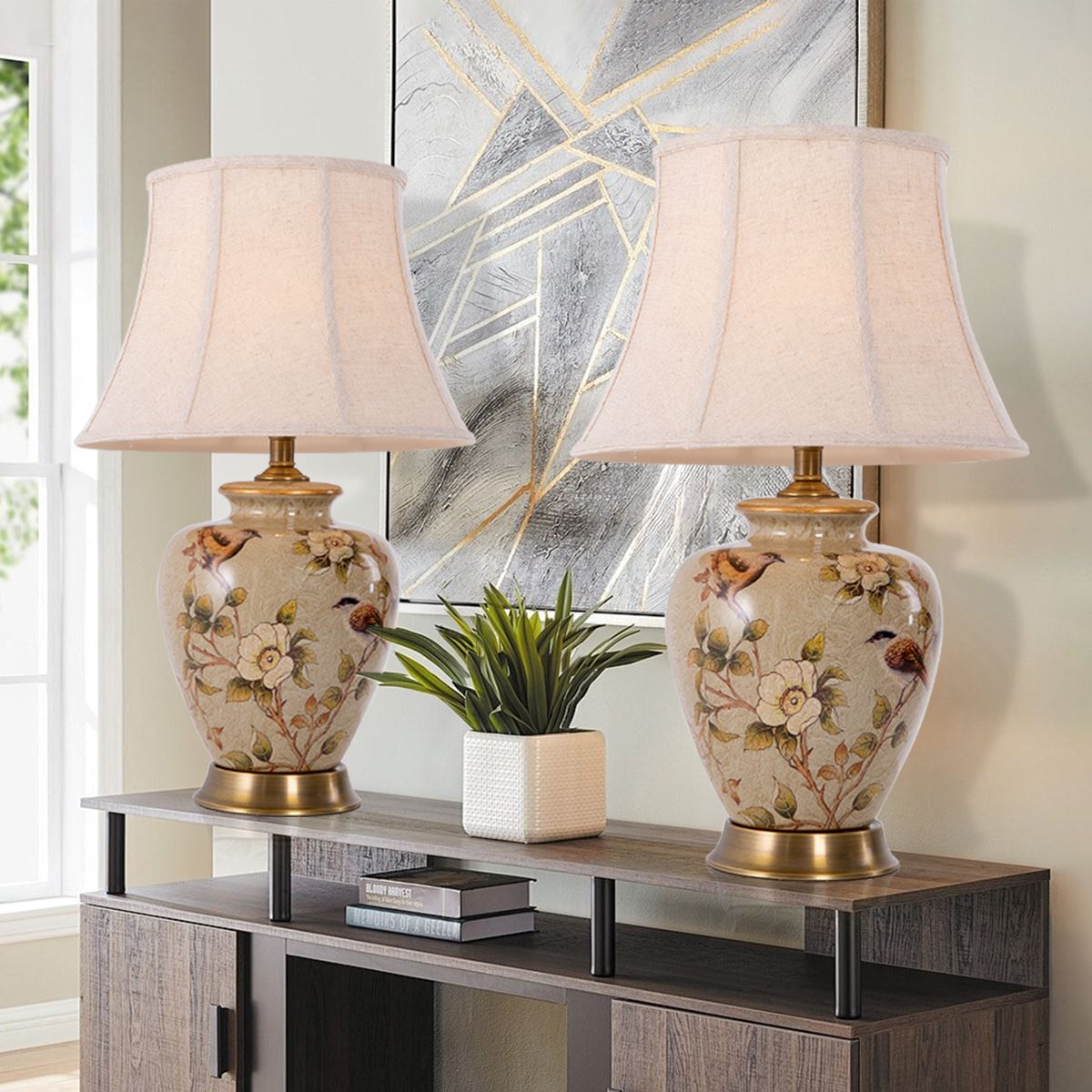 Lightsin Vintage Ceramic Bird - Pattern Table Lamp with Fabric Shade - House Comfort